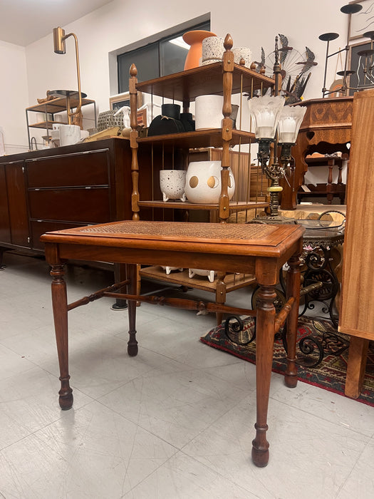 Vintage Traditional Wooden Accent Table or Decorative Bench with Turned Legs and Supports and Caned Top