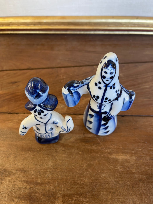 Vintage Blue and White Porcelain Figurine Pair, Hand-Painted Folk Figures