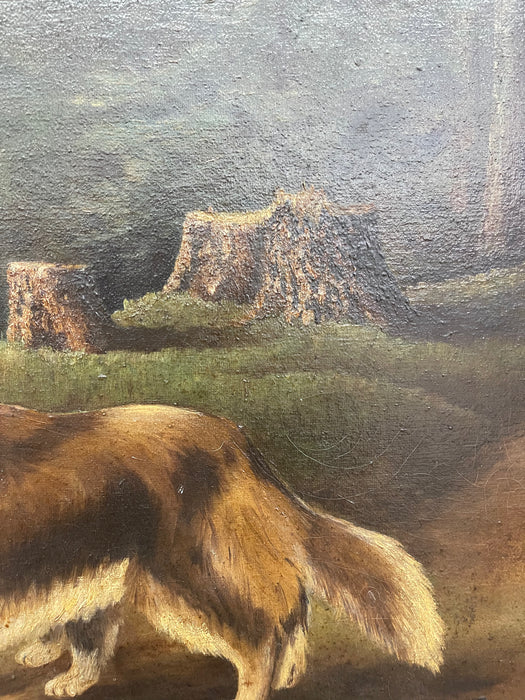 Antique Framed Oil Painting of Two Collie Dogs in Woodland Landscape, Traditional Canine Portrait Possibly 1890s