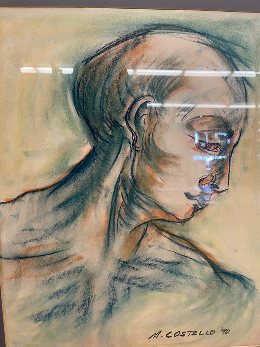 Vintage Mid Century Modern '90 Pastel Portrait Drawing Signed M. Costello, Framed Original Artwork
