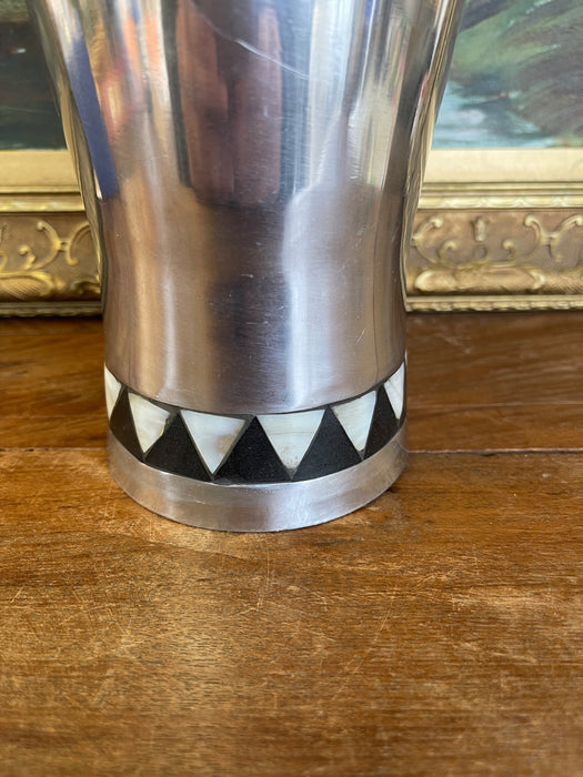 Vintage Towle Silversmiths Modernist Metal Vase with Black and Mother-of-Pearl Geometric Inlay