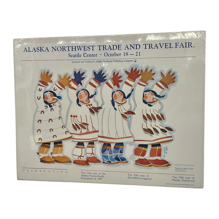 1984 Alaska Northwest Trade and Travel Fair Poster by Rie Munoz, Dancers in Sealgut Parkas, Seattle Center