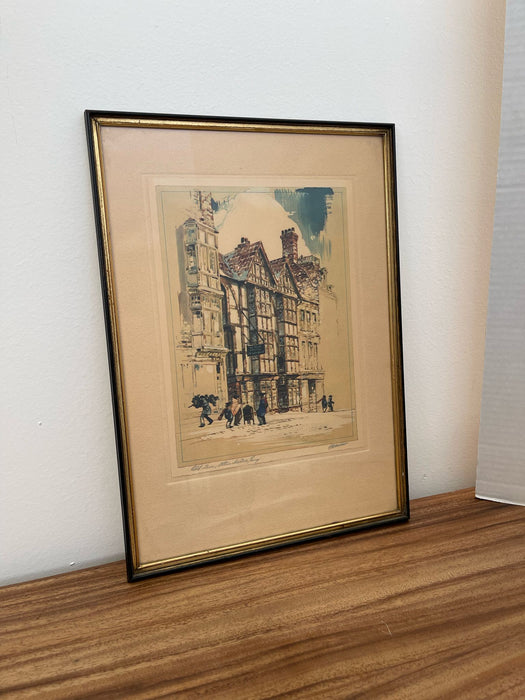 Vintage Signed A.F.Mettel Litho Print England Street Scene Ye Olde Hostel.