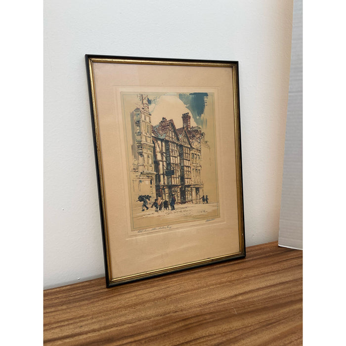 Vintage Signed A.F.Mettel Litho Print England Street Scene Ye Olde Hostel.