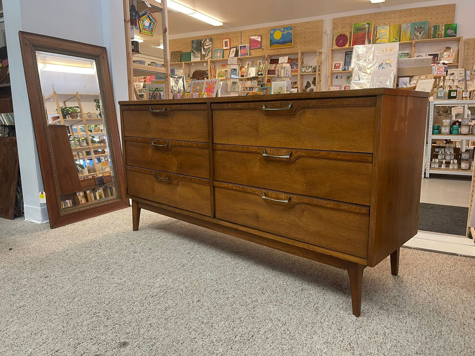 Vintage Mid Century Modern Walnut Toned Credenza With Burl Wood Accents.