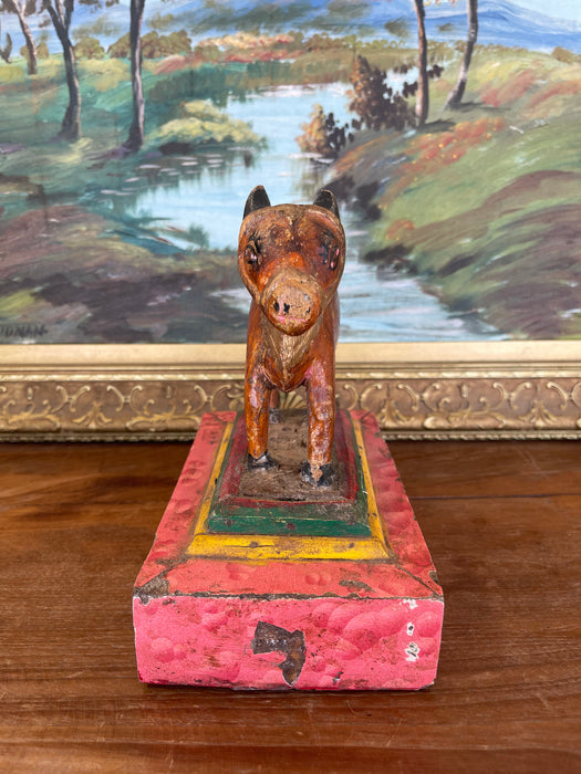 Likely Antique Hand-Carved Wooden Cow Figurine on Painted Base - Folk Art Sculpture