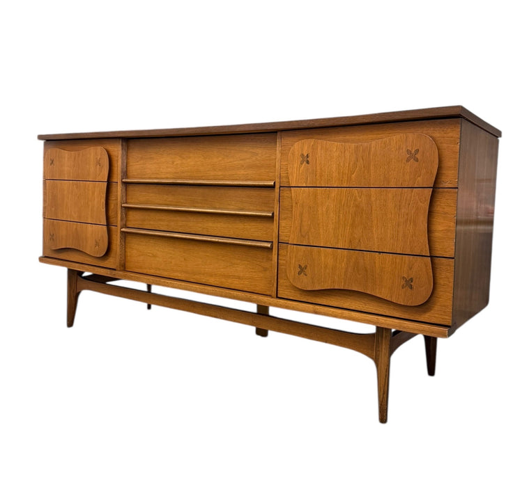 Vintage Bassett Monterey Mid-Century Modern Walnut 5-Drawer and 9-Drawer Dresser Set with Rosewood ‘X’ Inlays by Leo Jiranek Circa 1963