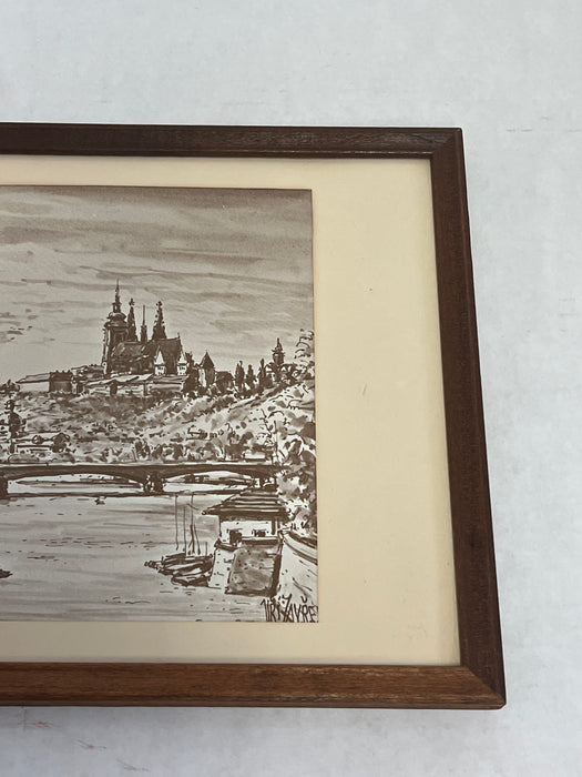 Vintage Framed Art Print depicting a town overlooking a body of water