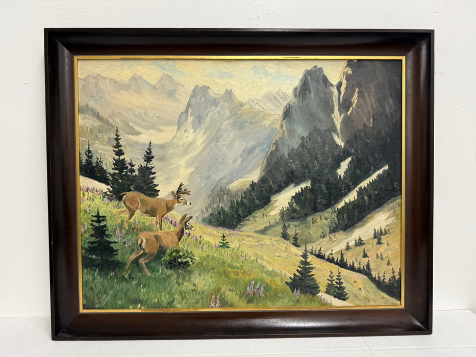 vintage signed mid century modern style framed scenic mountain side painting depicting wandering animals