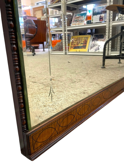 Vintage Carved Wood Arched Wall Mirror with Etched Glass Panels