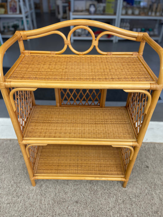 1970s Vintage Likely Rattan and Wicker Shelf with Diamond Lattice Sides and Circle Motif