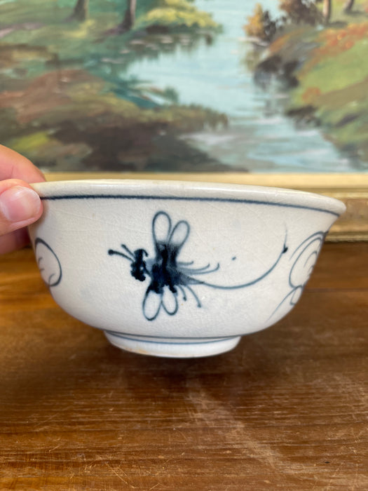 Vintage Bat Trang Vietnamese Ceramic Bowl with Hand-Painted Dragonfly Motif