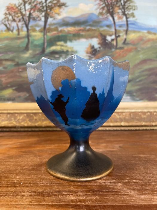 Vintage English Hand-Painted Pedestal Vase with Scenic Silhouette, Marked Made in England