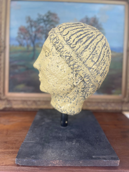 Textured Vintage Papier-Mâché Head Sculpture with hand-painted detailing on Custom stand.