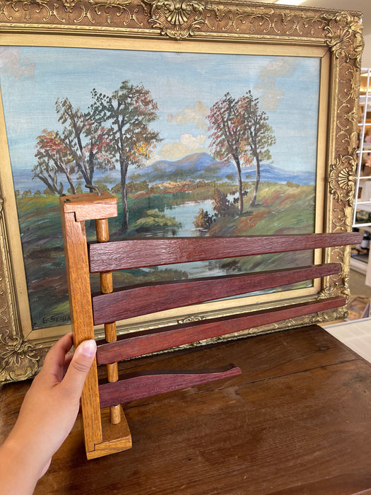 Vintage Wooden Swing-Arm Wall-Mounted Quilt or Towel Rack in Likely Oak and Mahogany.