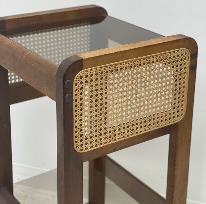 Art Deco walnut side table with Rattan and glass top