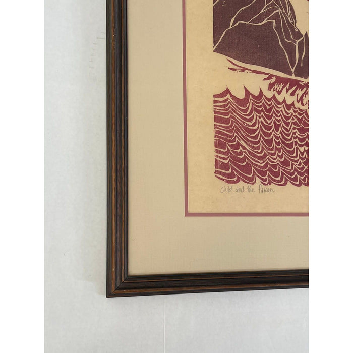 Vintage Framed Original Wood Cut Artwork “ the Child and the Falcon “ by Kate Boesser
