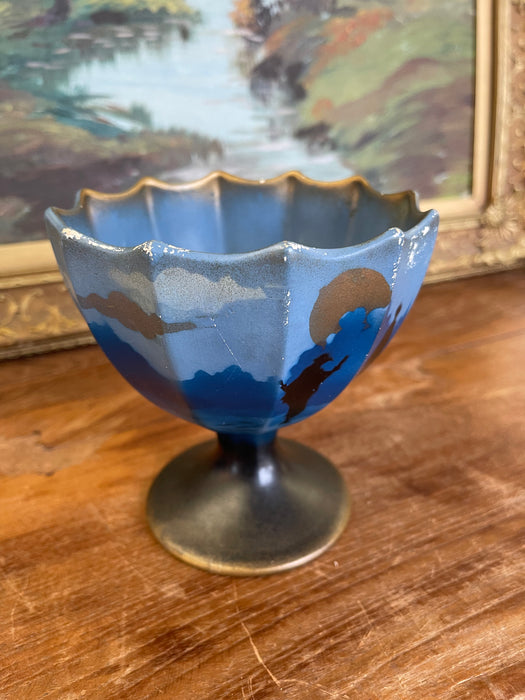Vintage English Hand-Painted Pedestal Vase with Scenic Silhouette, Marked Made in England
