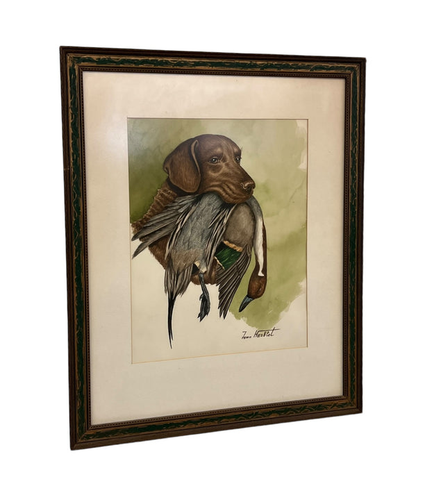 Original Hunting Dog with Foul Watercolor Painting by French Artist and Cartoonist Jean Herblet Signed