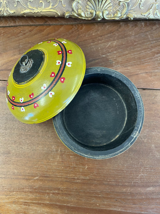 Vintage Hand-Painted Lacquered Wood Lidded Box with Heart Motif