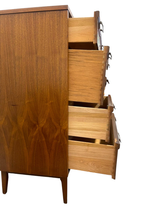 Vintage Mid Century Modern Four Drawer Dresser with Sculpted Drawer Fronts and Brass-Toned Pulls