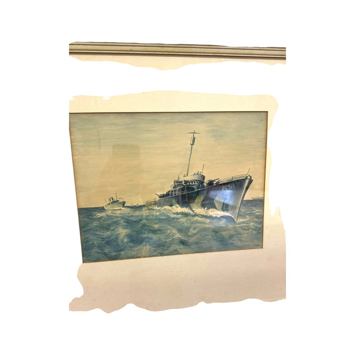 Original WWII US Navy PC-571 Submarine Chaser Gouache Painting – Vintage Framed Maritime Military Art