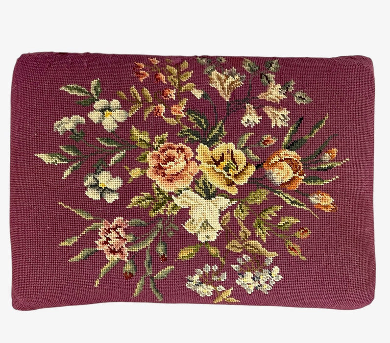 Vintage Upholstered Footstool Ottoman with Floral Needlepoint and Carved Wood Legs