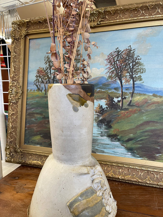 Vintage Studio Pottery Sculptural Vase with Applied Relief and Earth-Tone Glaze