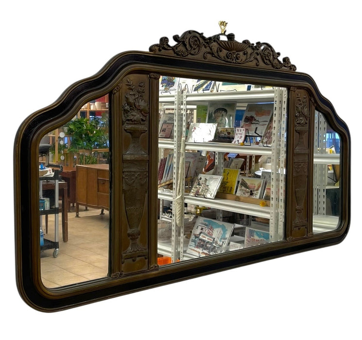 Antique Carved Wood Overmantel Mirror with Floral Urn Motifs and Scrolled Crest.