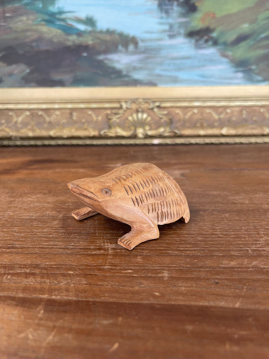 Hand-Carved Mid-20th Century Wooden Frog Sculpture with Incised Detailing