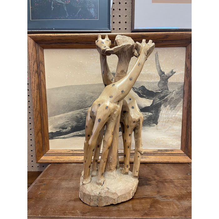 Vintage Hand Carved Giraffe Wooden Sculpture