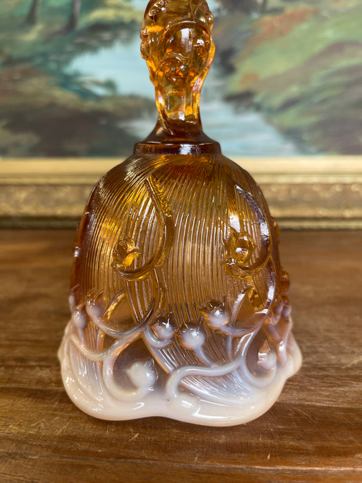 Vintage Amber and White Cased Art Glass Bell with Figural Handle
