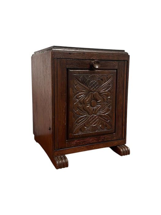 Petite Early 20th Century English Coal Bin Accent Table or Magazine Storage Rack with Floral Carvings