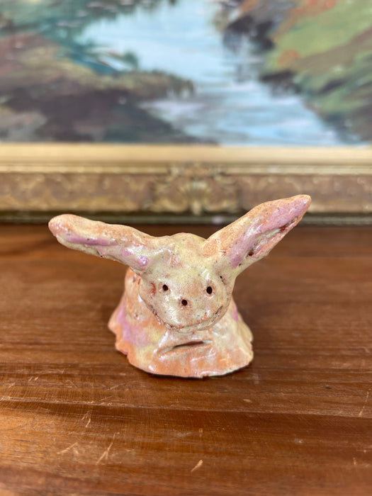 Whimsical Hand-Built Ceramic Creature Sculpture with Long Ears and Textured Colorful Glaze