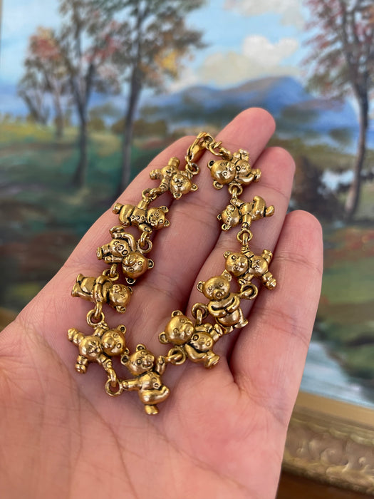 Gold-Tone Figural Teddy Bear Link Bracelet, Adjustable Length