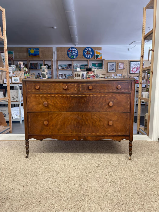 Possibly Early 19th Century Likely Mahogany Chest of Drawers with Dovetailed Drawers, Burl accents, Wood Inlay, and Turned Knobs, Stamped