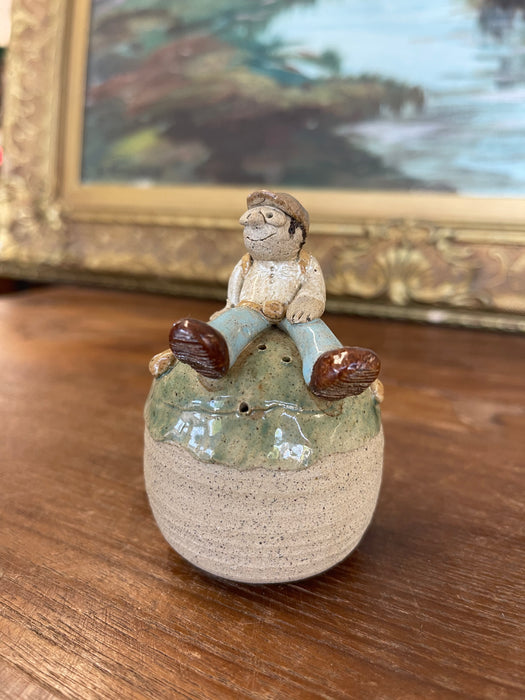 Handmade Studio Pottery Incense Holder with Seated Figure Sculpture, Signed
1976