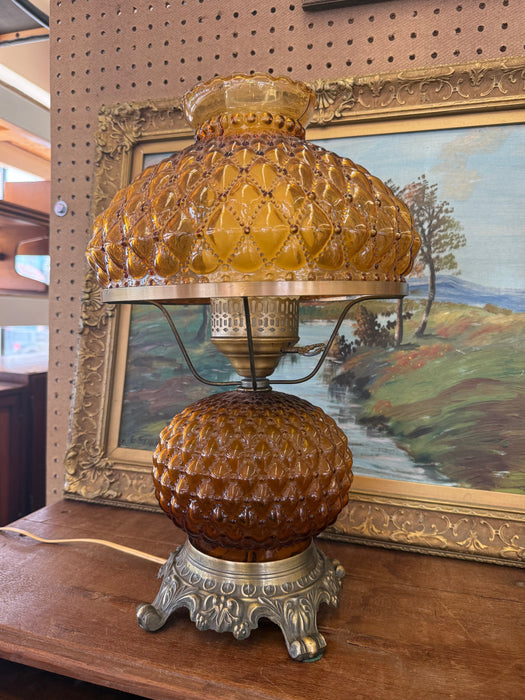 Vintage Amber Glass Hurricane Lamp with Diamond Point Hobnail Pattern with Ornate Metal Toned Base, Mid Century Modern Accent Lighting