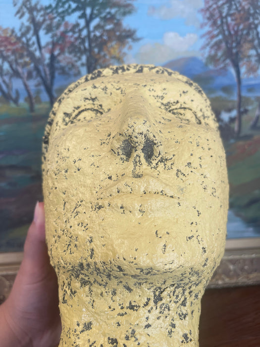 Textured Vintage Papier-Mâché Head Sculpture with hand-painted detailing on Custom stand.