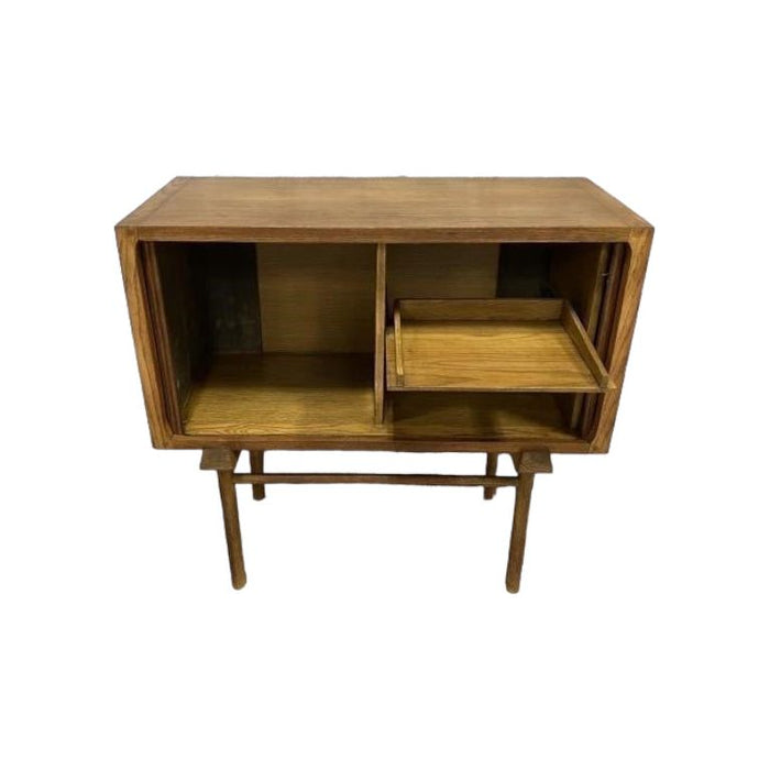 SKU 08262301 Vintage Mid Century Modern Solid Oak Record Cabinet or Credenza Tambour Doors (Available by Online Purchase Only)