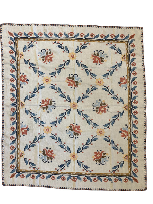 Vintage Hand-Embroidered Possibly Wool and Linen Floral Folk Art Rug with Geometric Border