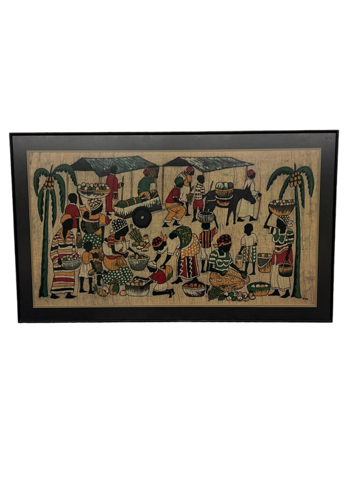 Vintage Tribal Folk Art Batik Fabric Painting Art with Mid Century Modern Influence Signed