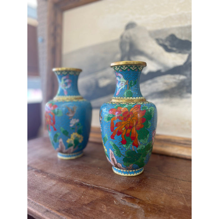 Pair of Vintage Vases With Floral and Bird Motif and Bright Colors.