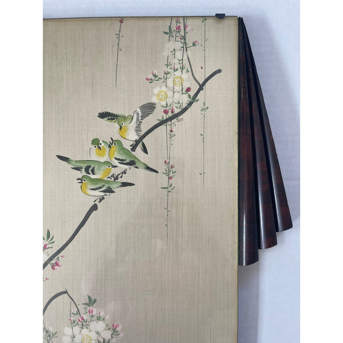 Birds on Branch Scene Silk Painting With Art Deco Frame