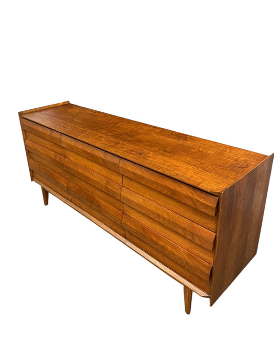 Vintage Mid Century Modern Solid Walnut 9 Drawer Dresser by Lane First Edition