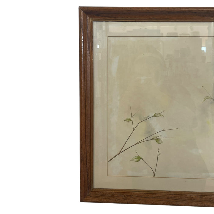 Vintage Framed Bird Illustration with Double Mat and Wood Frame Mixed Media