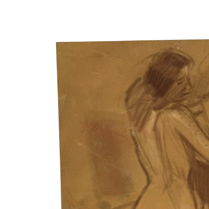 Vintage Seated Female Nude Figure Drawing on Toned Paper, Figurative Life Study