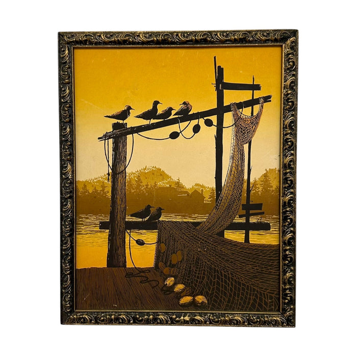 Vintage Walton Butts "Fishnets" Signed Serigraph – Mid-Century Modern Coastal Harbor Silkscreen Print.