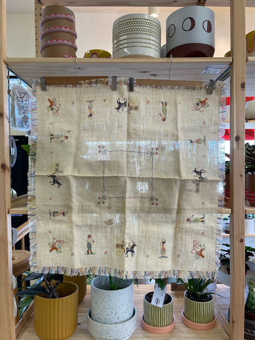 Vintage Hand-Embroidered Linen Tablecloth with Figural Motif and Fringe Border