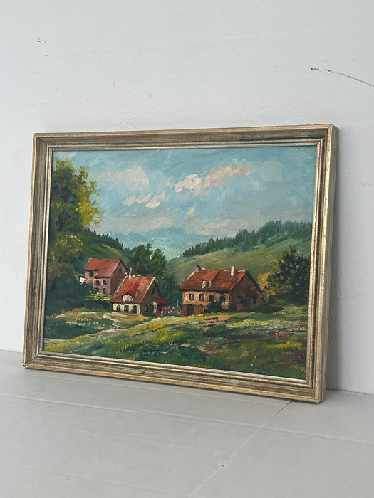 Vintage Mid Century Modern Original painting Valley Houses.